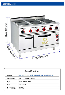 29KW Peralatan Masak Listrik Baja tahan karat 176kg BeratListrik 6 Hot Plate Cooker Dengan Oven (( Square)