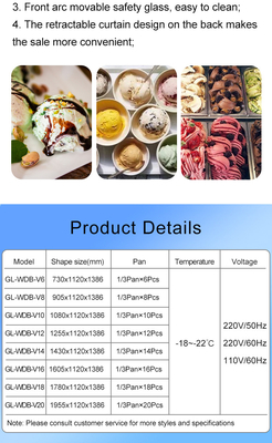 Komersial Es Krim Showcase Unit pendingin 220-240V 2N-50HZ 1/4*6PAN PCS Air cooling 2200W Daya