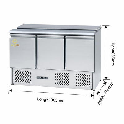 Stainless steel komersial 3 pintu meja kerja pendingin dengan kontrol suhu