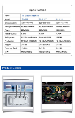 200-300 CUPS / jam Mesin Produksi Es Krim dengan 2 Hopper dan 1.7kW Output