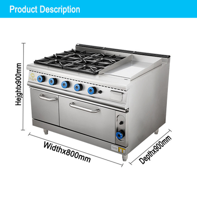 Komersial kompor gas stainless steel dengan 4 rentang dan oven LPG / gas alam berat 150kg