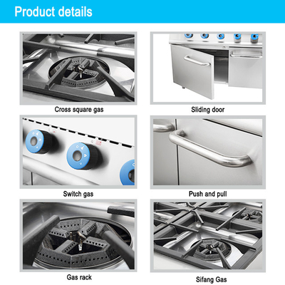 Gas Powered Heavy Duty Hotel Cooking Range dengan Oven SS304 Konstruksi untuk produksi makanan skala besar.