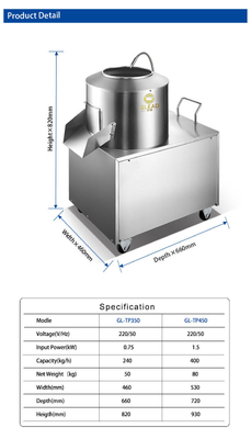 Mesin kentang stainless steel 1.5kw 150min/r Kecepatan berputar 400KG/H Kapasitas