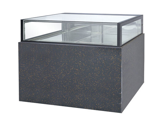 45 derajat Mitre Joint Glass Cake Display Chiller, Komersial Bakery Pastry Kulkas Showcase Dengan Anti-fog Dipanaskan Kaca