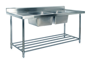 Komersial Kirchen Stainless Steel Inlet Dan Outlet Bench Dengan Double Sink Bowl Merakit Meja Wastafel