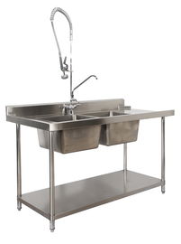 Komersial Kirchen Stainless Steel Inlet Dan Outlet Bench Dengan Double Sink Bowl Merakit Meja Wastafel